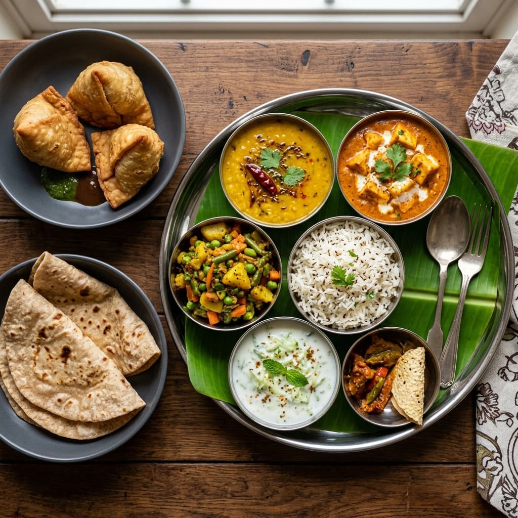 Delicious Indian steel plate Traditional Thali meal structure with curries, rice, rotis and samosas